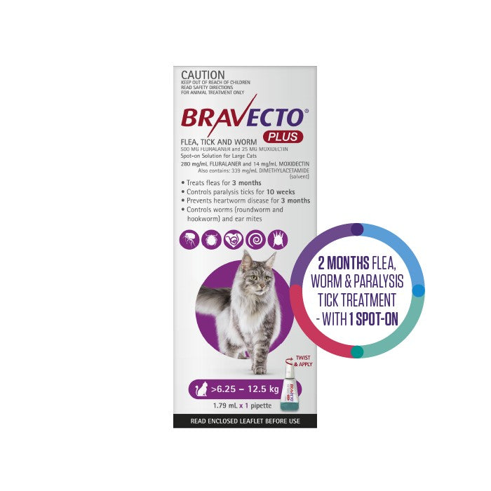 Bravecto Plus Flea, Tick & Worming Treatment 6.25-12.5kg Cat