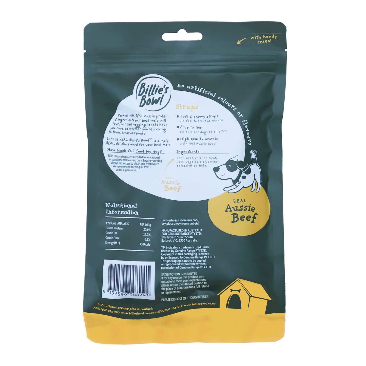 Billie's Bowl REAL Aussie Beef Strap Dog Treats 180g