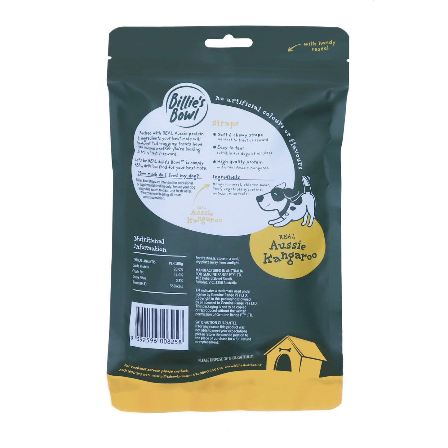 Billie's Bowl REAL Aussie Kangaroo Straps Dog Treats 180g