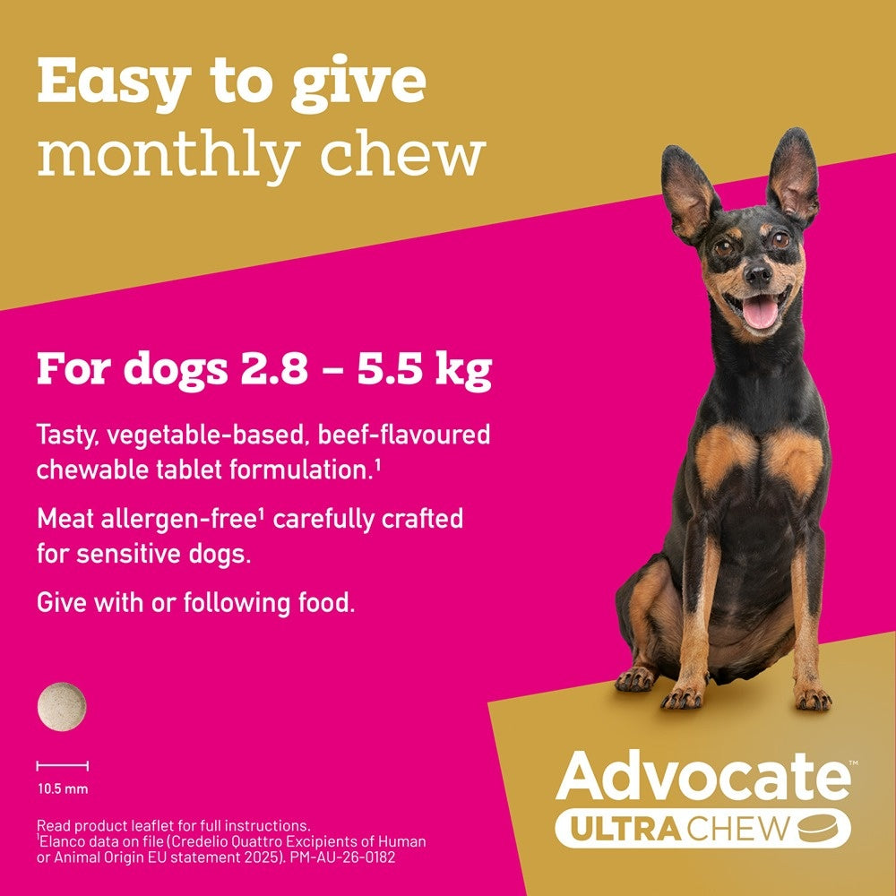 Advocate Ultra Chew Small Breed 2.9 - 5.5kg Dog Flea,Tick & Worming