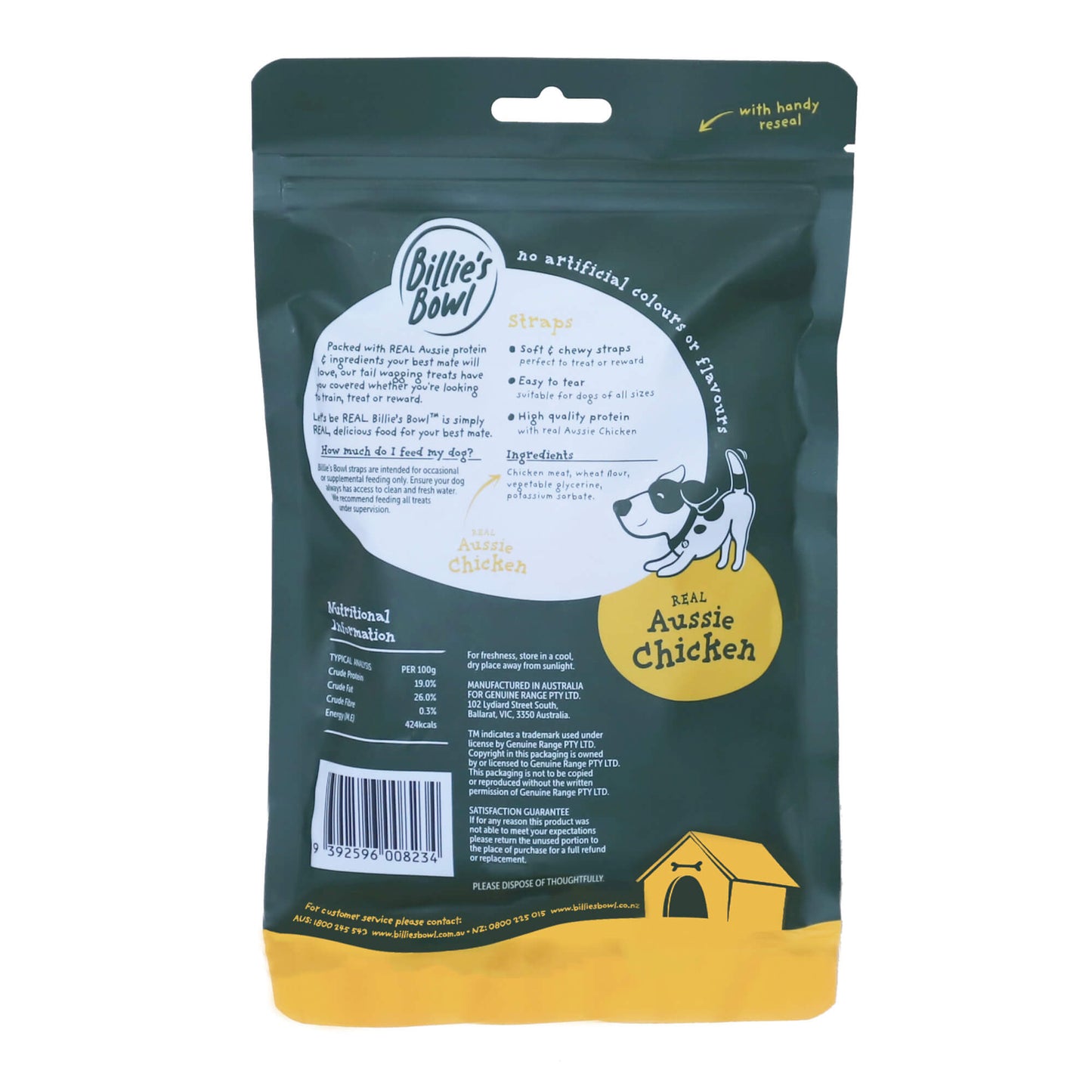 Billie's Bowl REAL Aussie Chicken Strap Dog Treats 180g