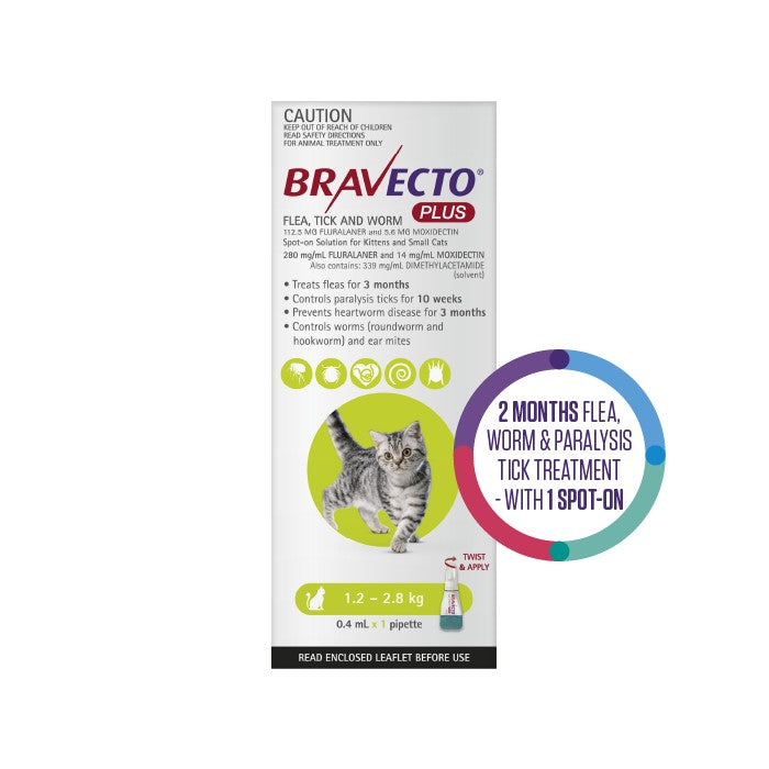 Bravecto Plus Flea, Tick & Worming Treatment 1.2-2.8kg Cat 2 Month Pack