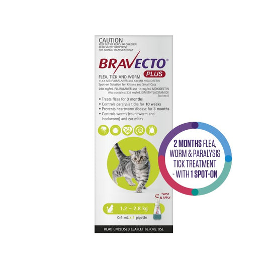 Bravecto Plus Flea, Tick & Worming Treatment 1.2-2.8kg Cat 2 Month Pack