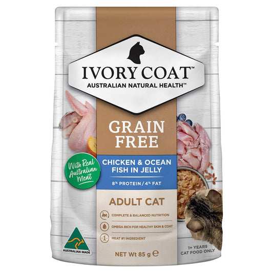 Ivory Coat Grain Free Adult Wet Cat Food Chicken & Ocean Fish in Jelly 85g