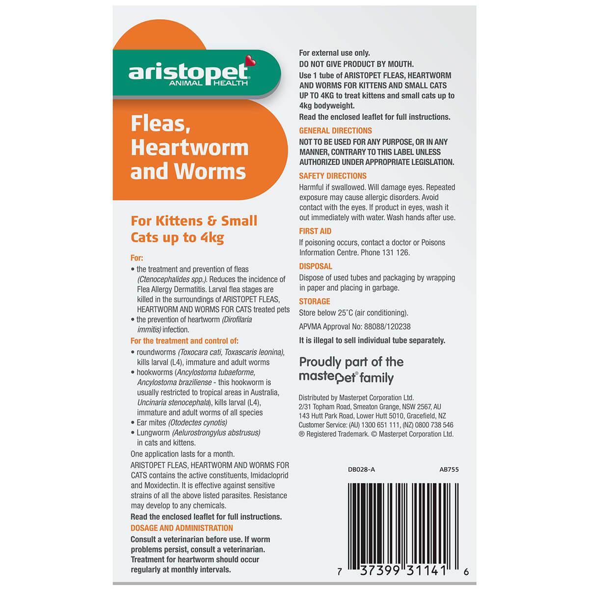 Aristopet Animal Health Fleas, Heartworm & Worms For Kittens & Small Cats <4Kg