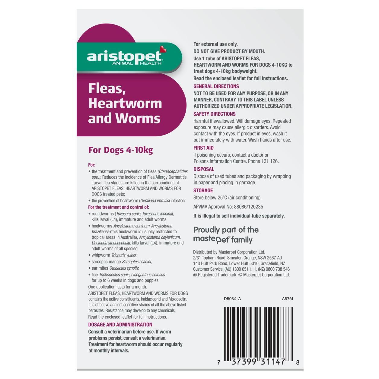 Aristopet Animal Health Fleas, Heartworm And Worms For Dogs 4-10Kg