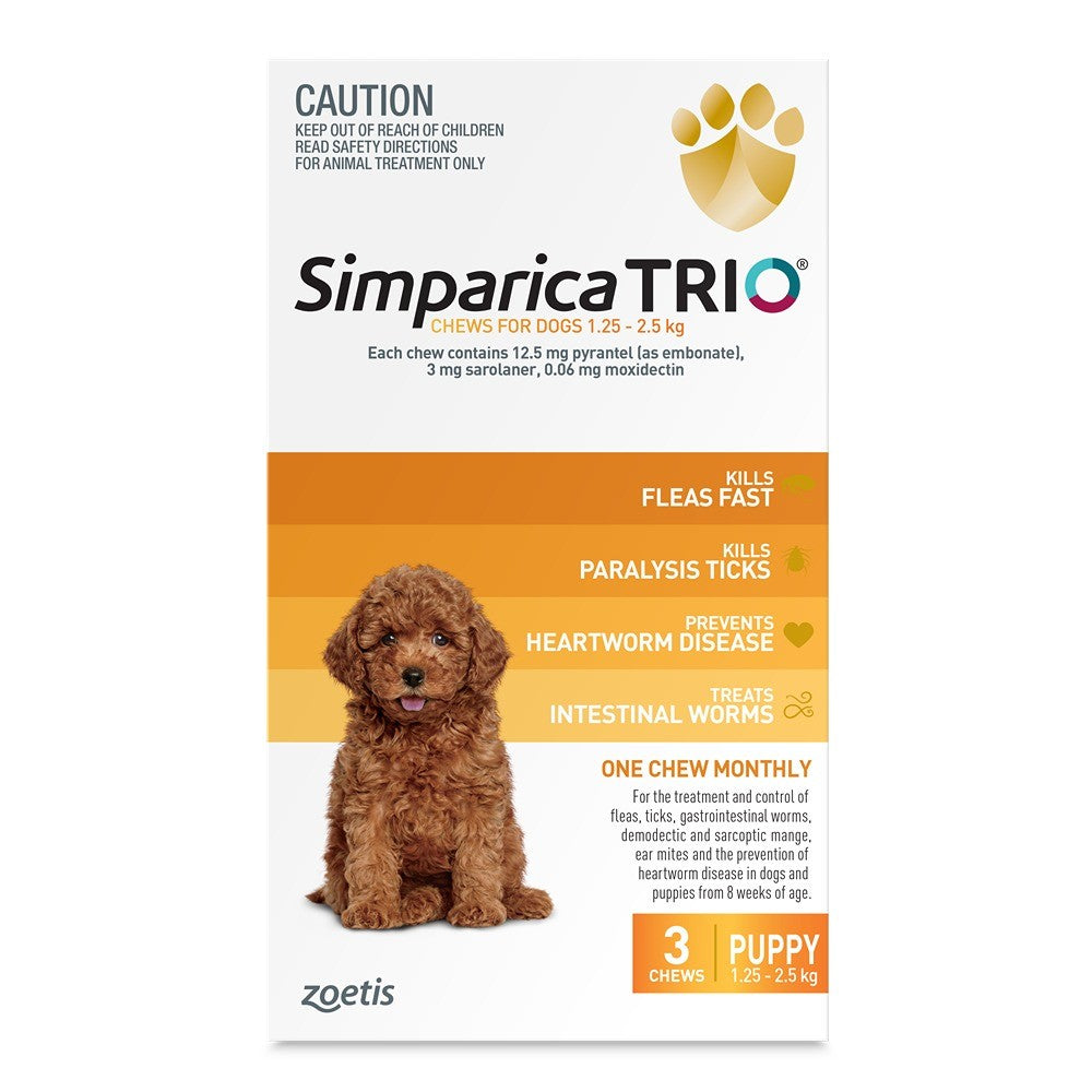 Simparica TRIO Yellow Flea, Tick & Worm Chews 1.25-2.5kg Dog 3pk