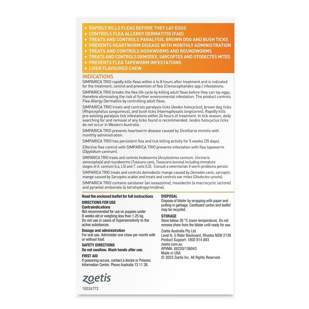 Simparica TRIO Yellow Flea, Tick & Worm Chews 1.25-2.5kg Dog 3pk