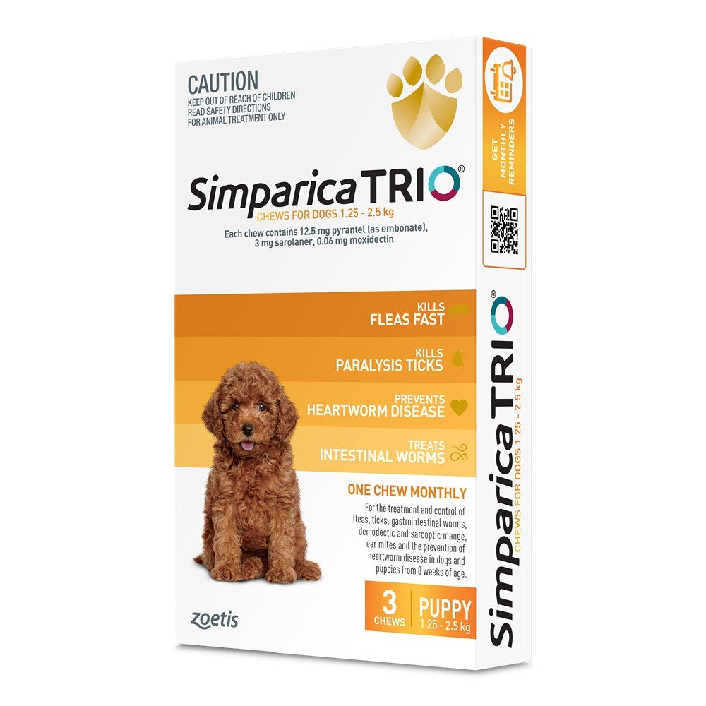 Simparica TRIO Yellow Flea, Tick & Worm Chews 1.25-2.5kg Dog 3pk