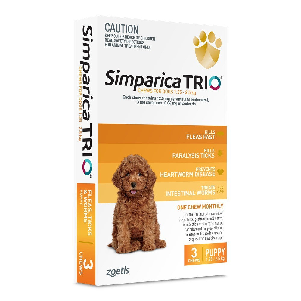Simparica TRIO Yellow Flea, Tick & Worm Chews 1.25-2.5kg Dog 3pk
