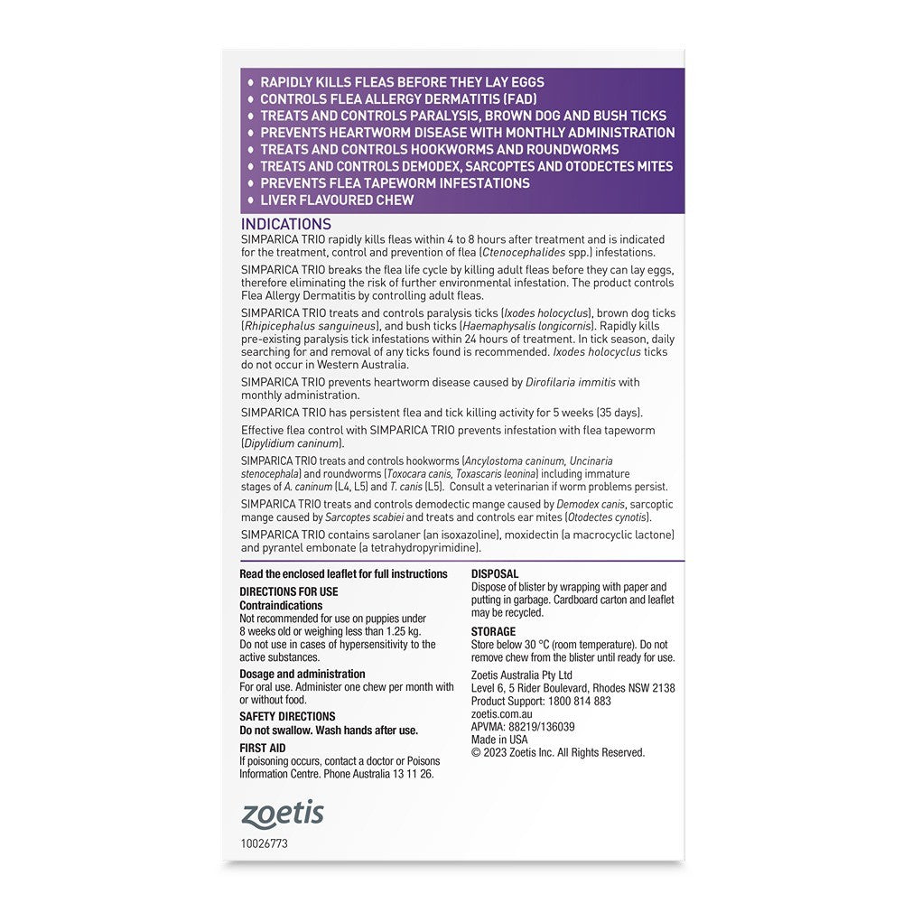 Simparica TRIO Purple Flea, Tick & Worm Chews 2.6-5kg 3 Pack