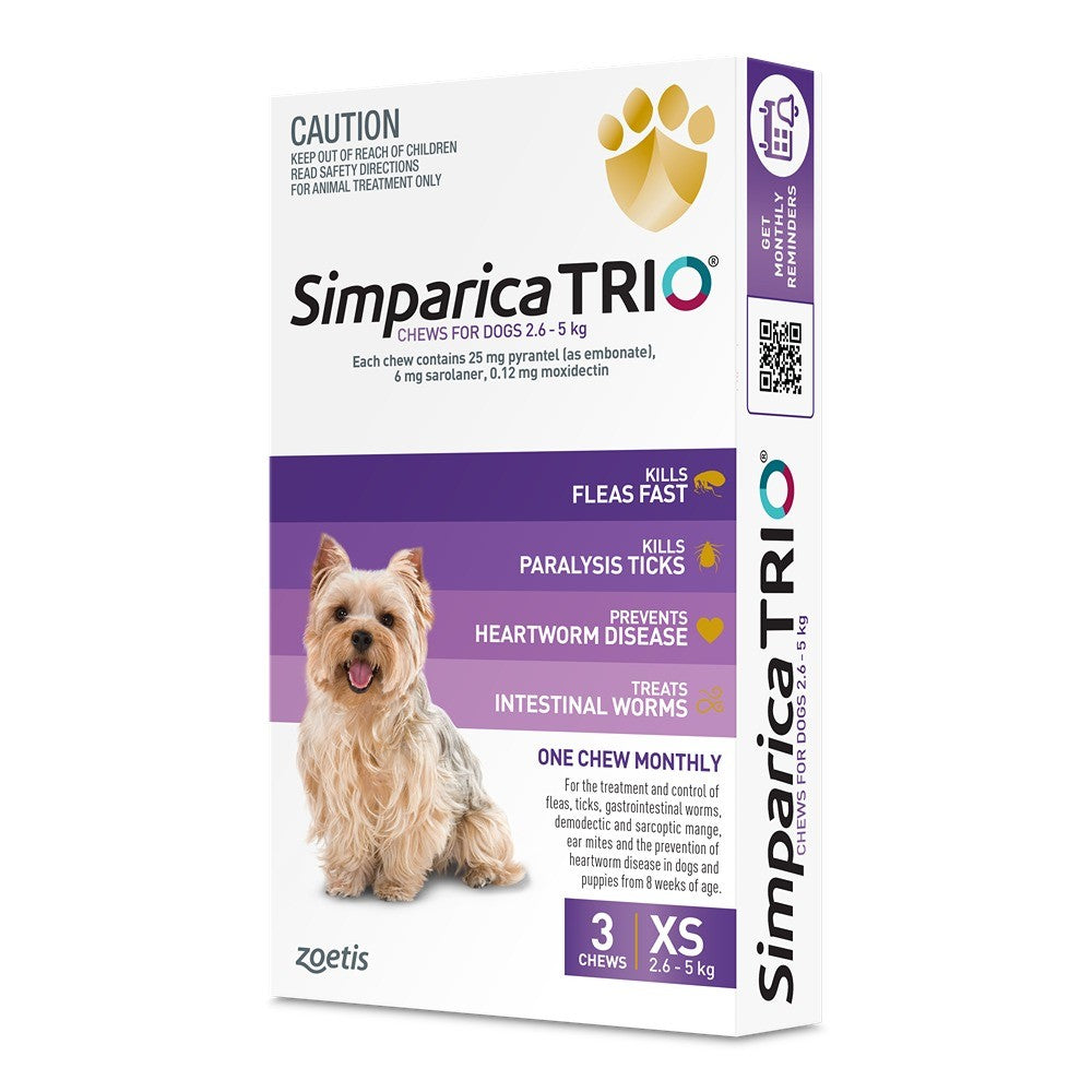 Simparica TRIO Purple Flea, Tick & Worm Chews 2.6-5kg 3 Pack