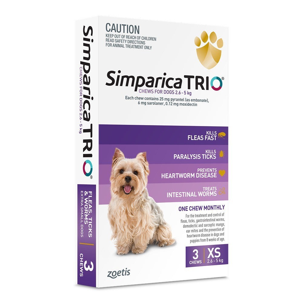 Simparica TRIO Purple Flea, Tick & Worm Chews 2.6-5kg 3 Pack