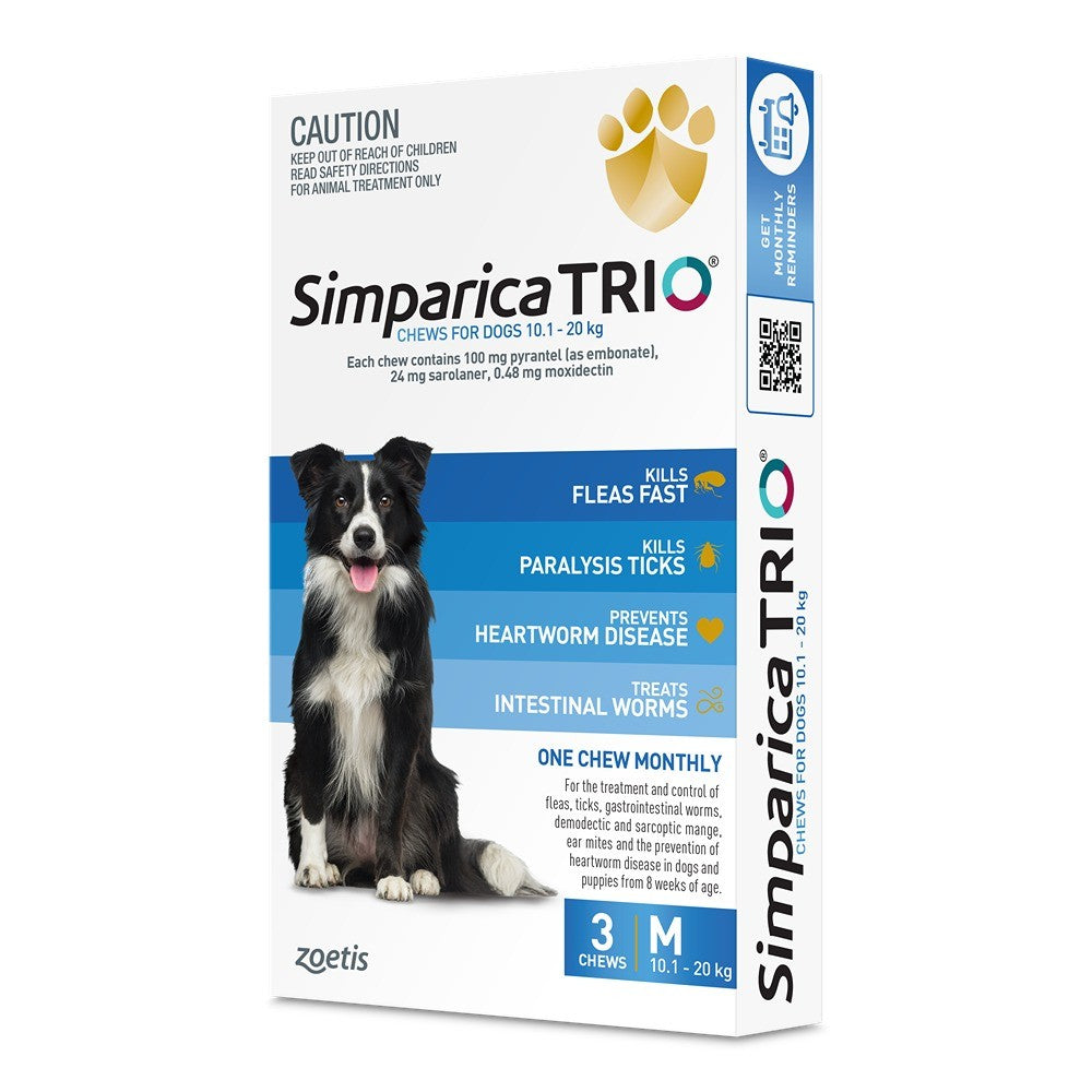 Simparica Trio Medium Breed 10.1-20kg Flea, Tick & Worming Dog Chews
