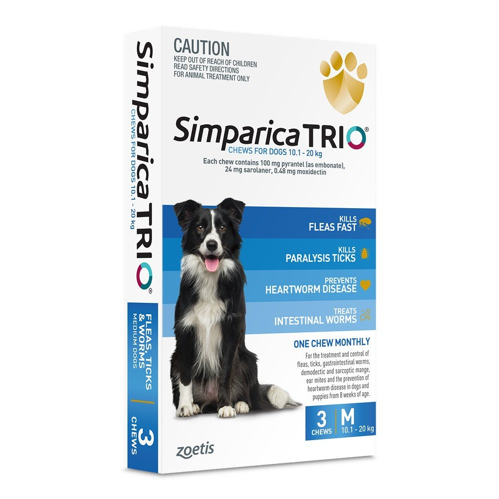 Simparica Trio Medium Breed 10.1-20kg Flea, Tick & Worming Dog Chews