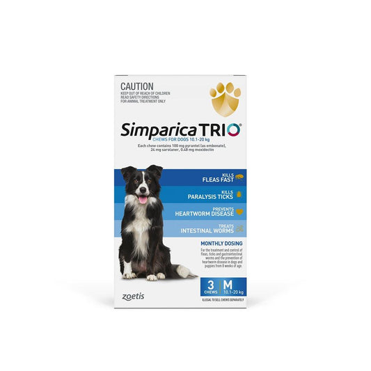 Simparica TRIO Blue Flea, Tick & Worm Chews 10.1-20kg