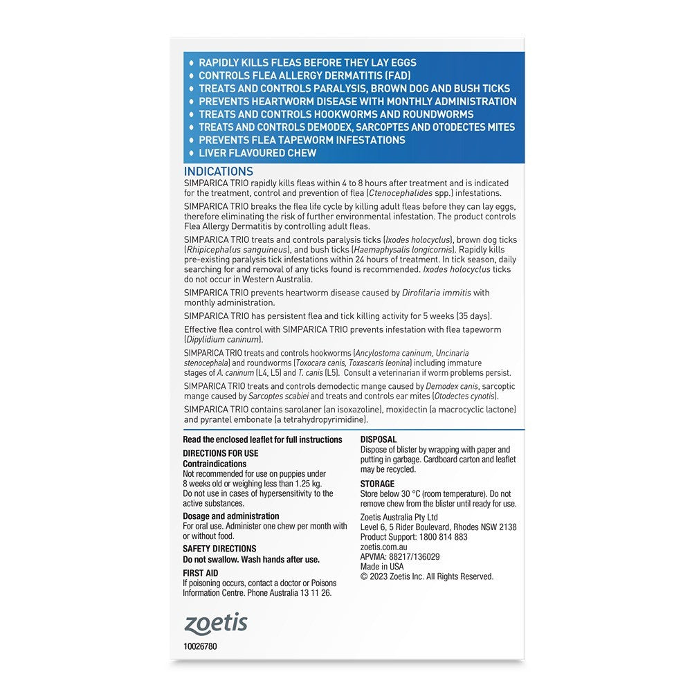Simparica Trio Medium Breed 10.1-20kg Flea, Tick & Worming Dog Chews