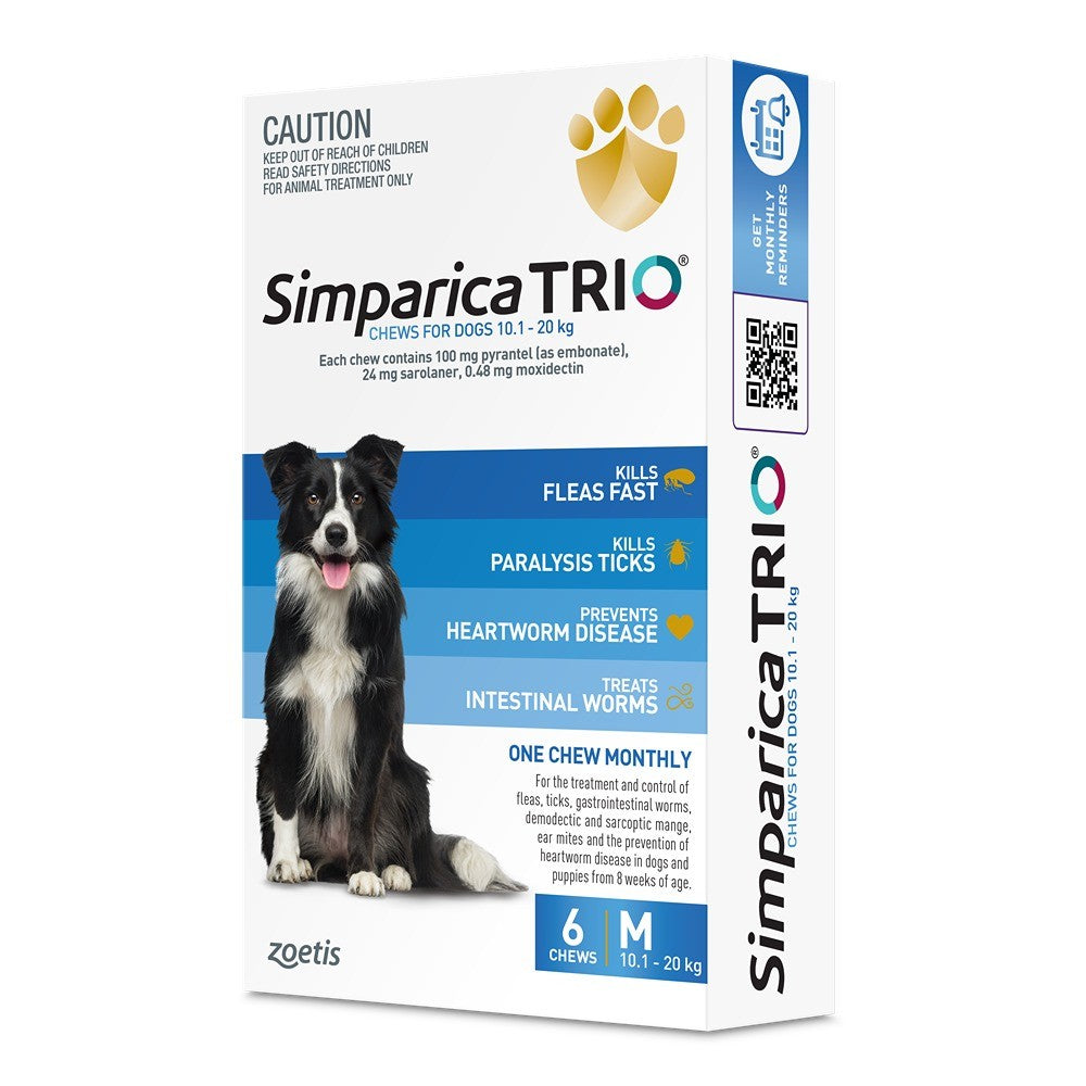 Simparica Trio Medium Breed 10.1-20kg Flea, Tick & Worming Dog Chews