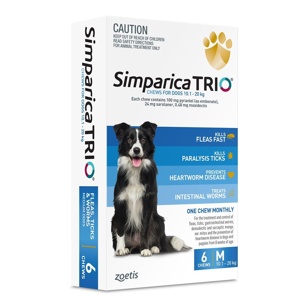 Simparica Trio Medium Breed 10.1-20kg Flea, Tick & Worming Dog Chews
