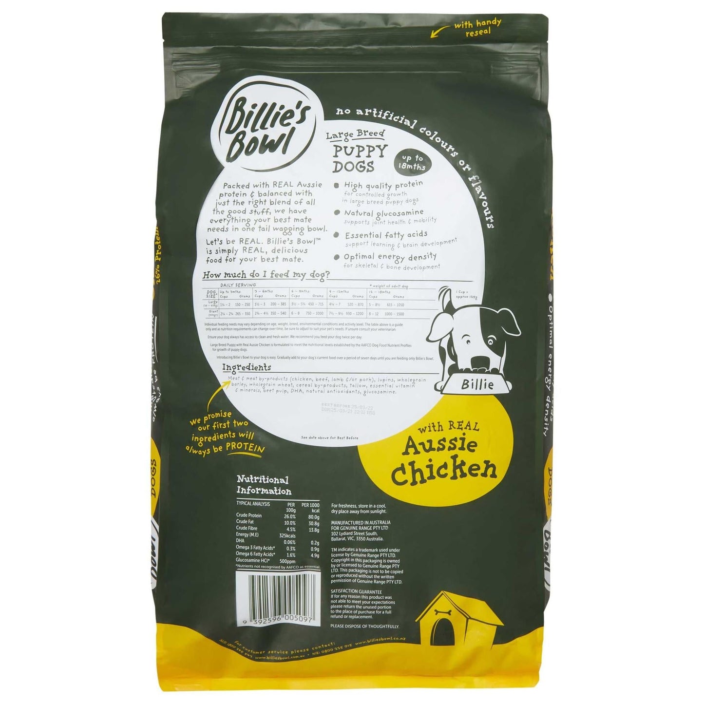 Billie's Bowl Large Breed Puppy with REAL Aussie Chicken Dry Dog Food 10kg
