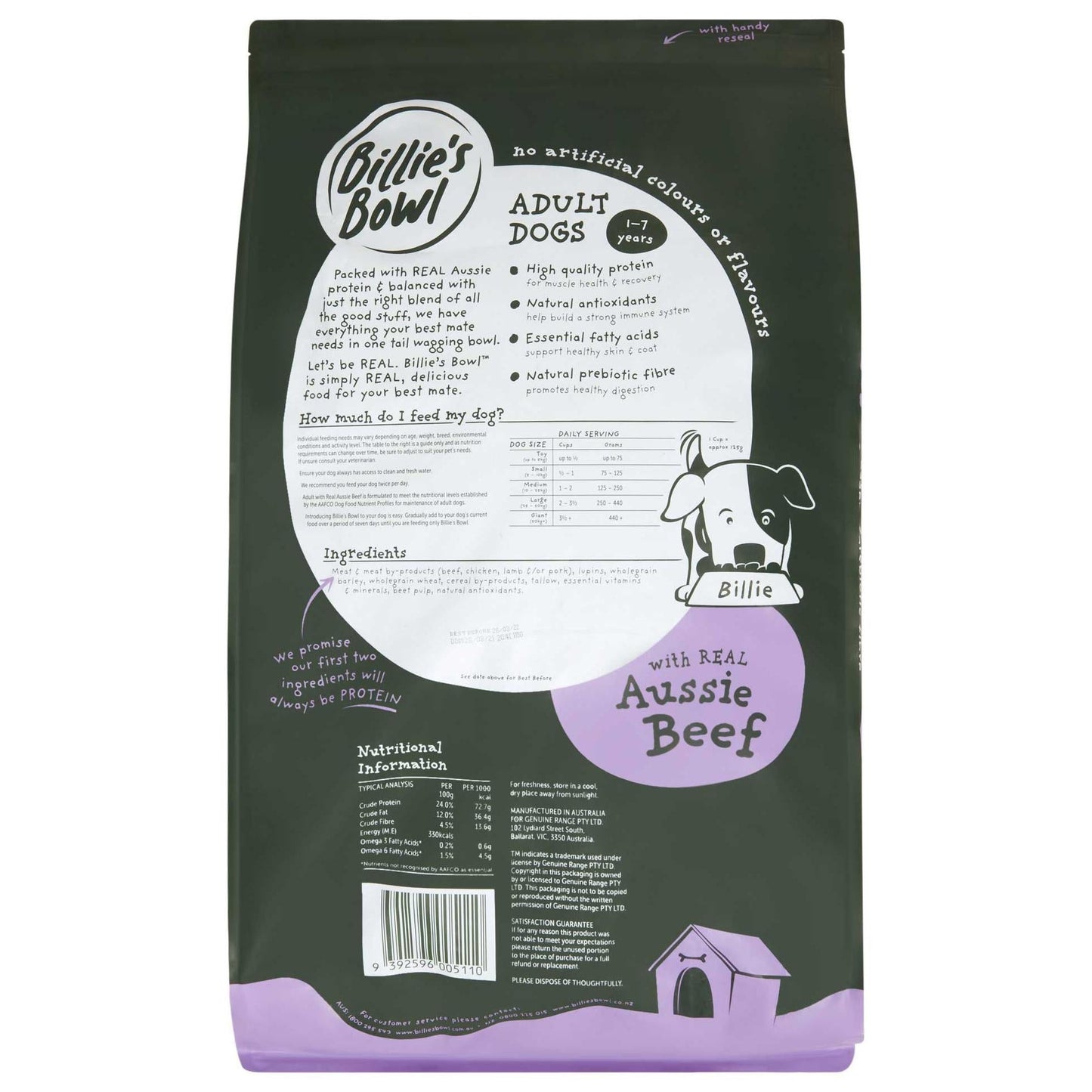 Billie's Bowl Adult with REAL Aussie Beef Dry Dog Food 10kg