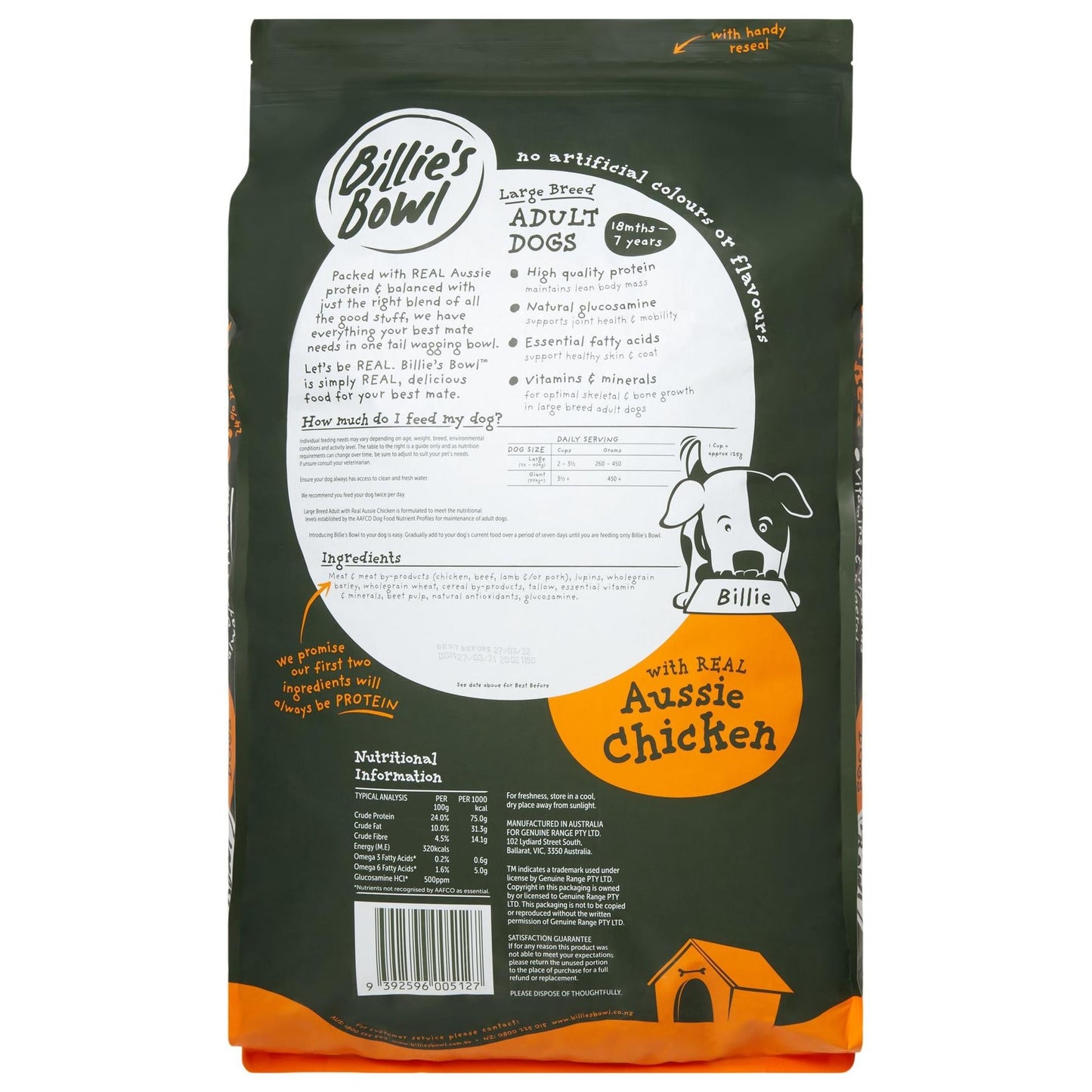 Billie's Bowl Large Breed Adult with REAL Aussie Chicken Dry Dog Food 10kg