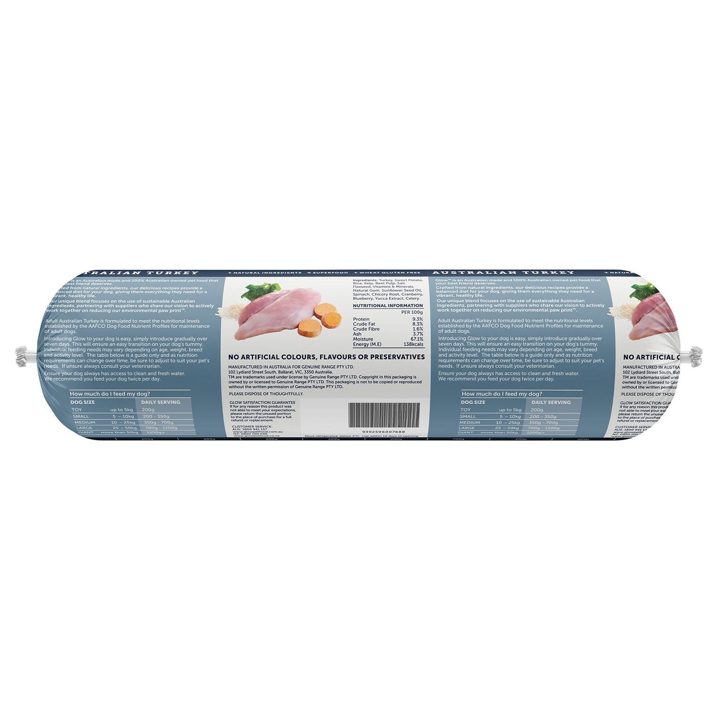 Glow Adult Australian Turkey Cooked Dog Roll 2kg