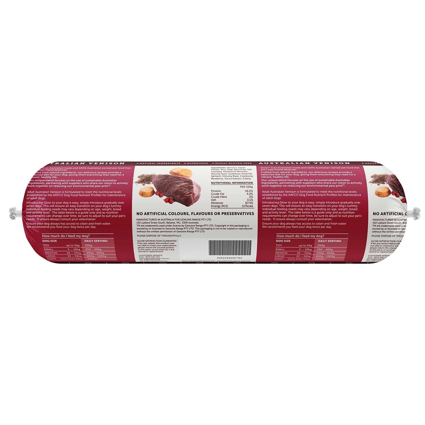 Glow Adult Australian Venison Cooked Dog Roll 2kg