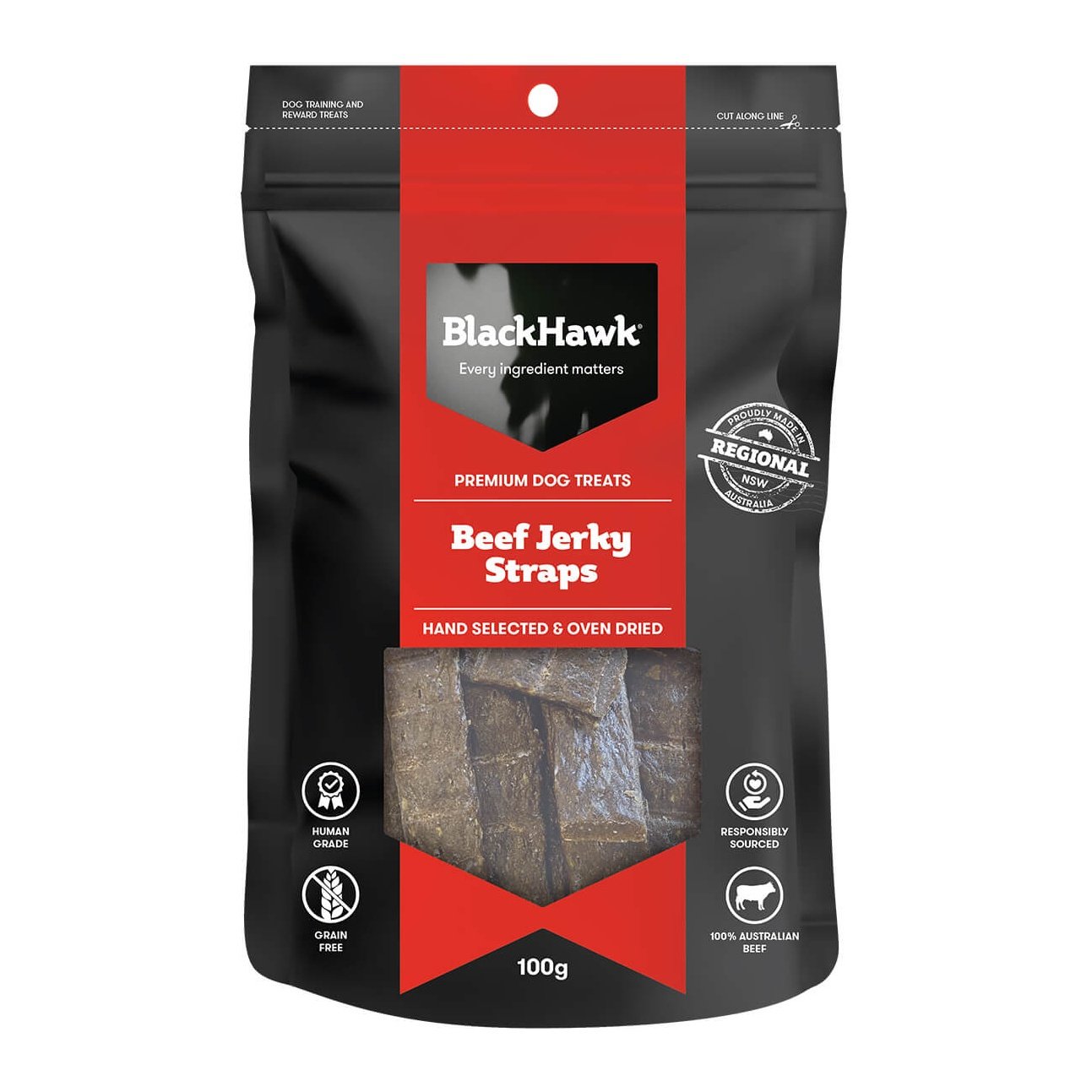 Black Hawk Beef Jerky Straps Dog Treats 100G