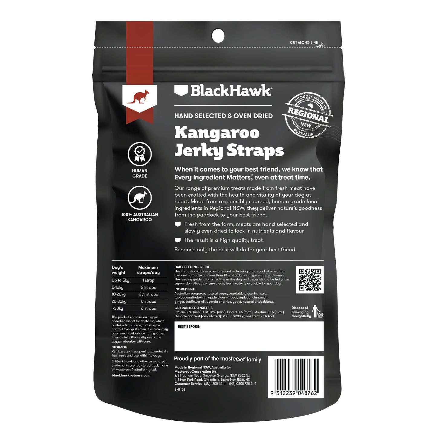 Black Hawk Kangaroo Jerky Straps Dog Treats