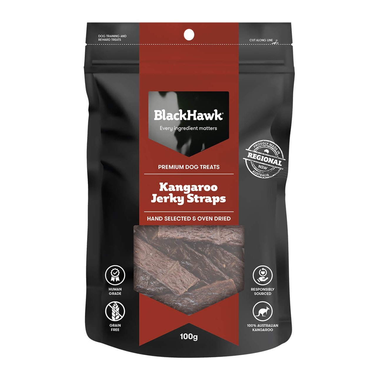 Black Hawk Kangaroo Jerky Straps Dog Treats 100G