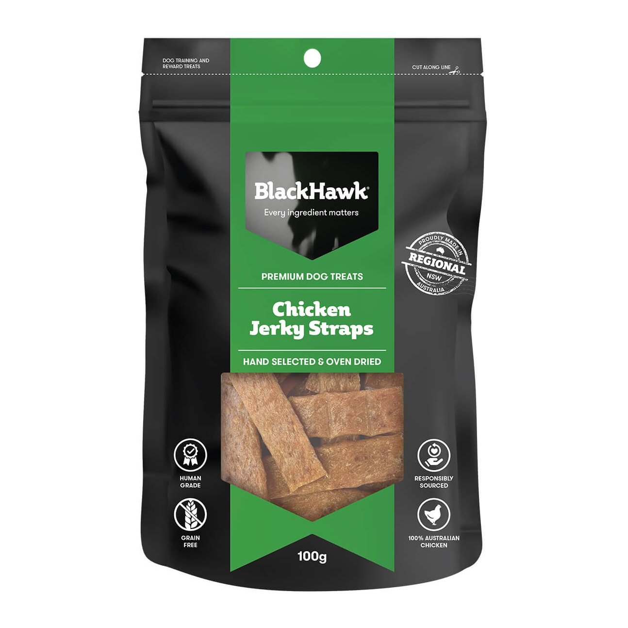 Black Hawk Chicken Jerky Straps Dog Treats 100G