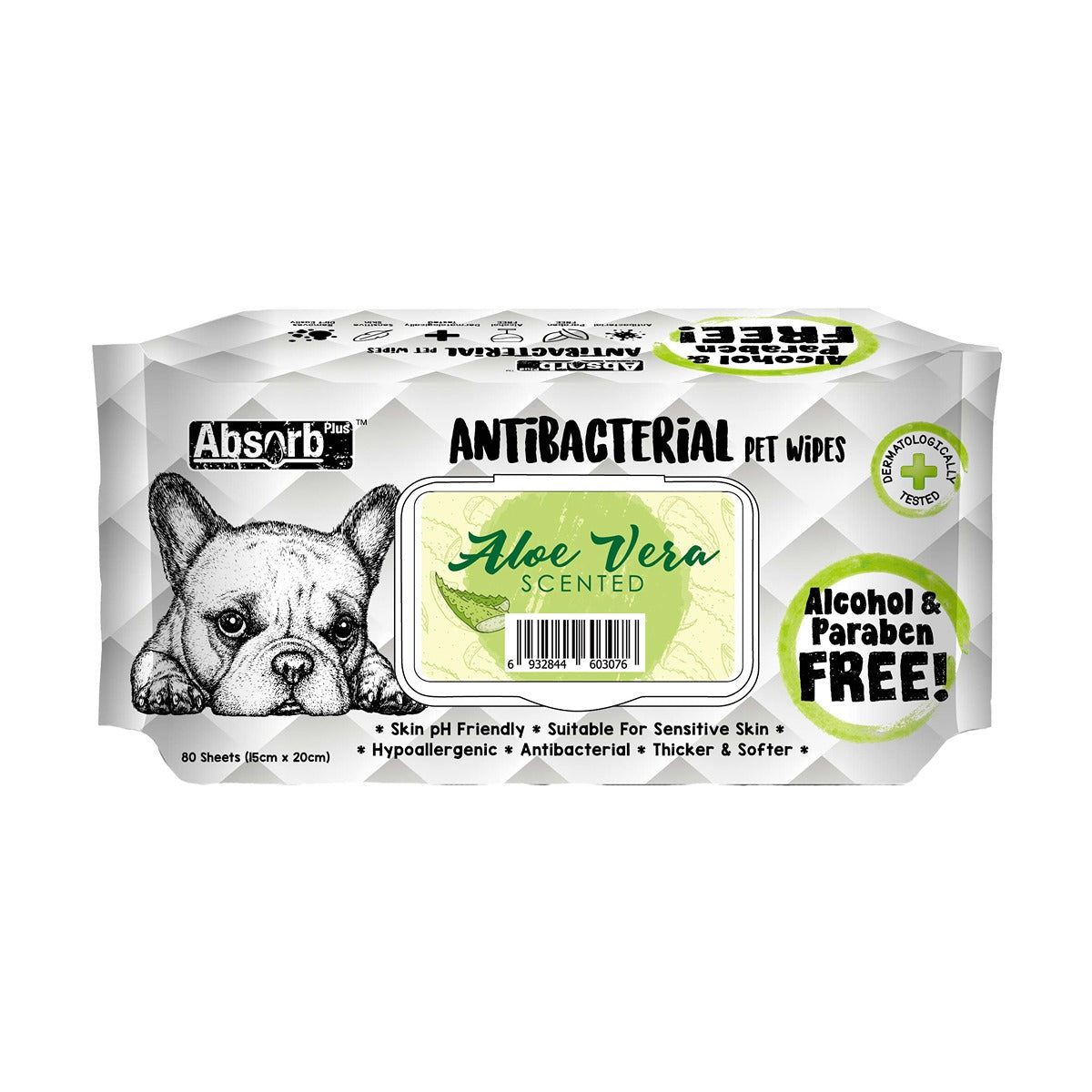 ABSORB Plus Antibac Dog Wipes Aloevera 80pk