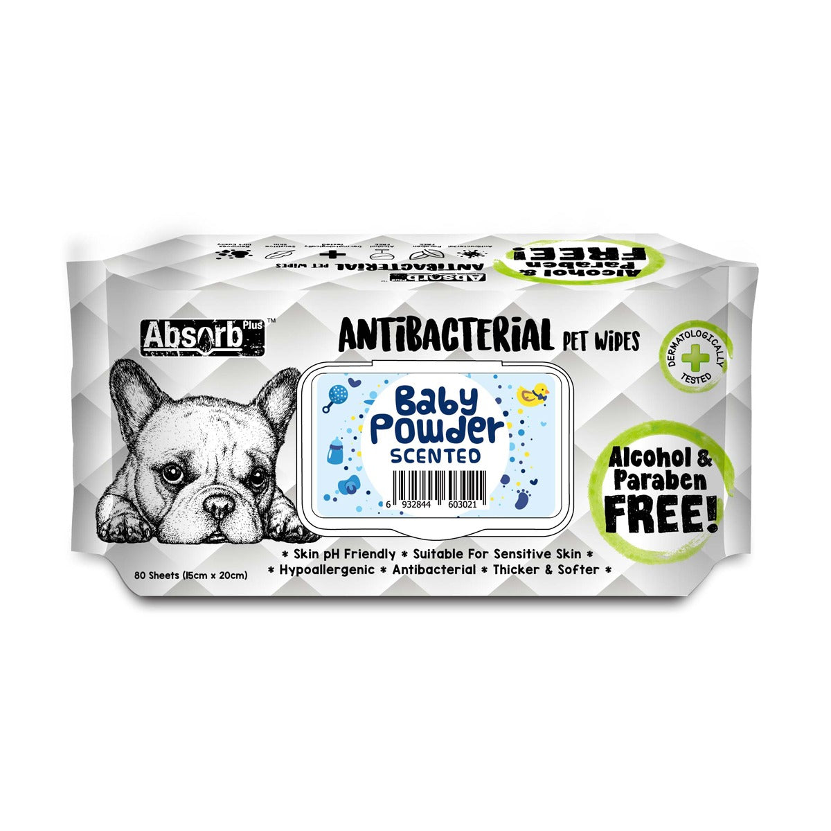 ABSORB Antibac Dog Wipes Baby Powder Scent 80pk