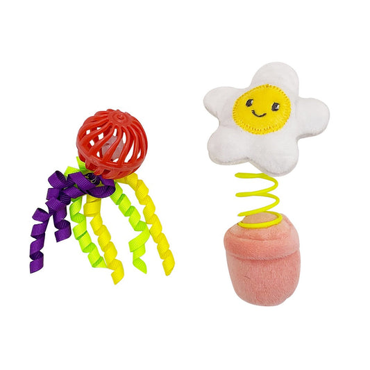 Meow & Me Flower Garden Springy Daisy & Cage ball with Streamers Cat Toy 2pc