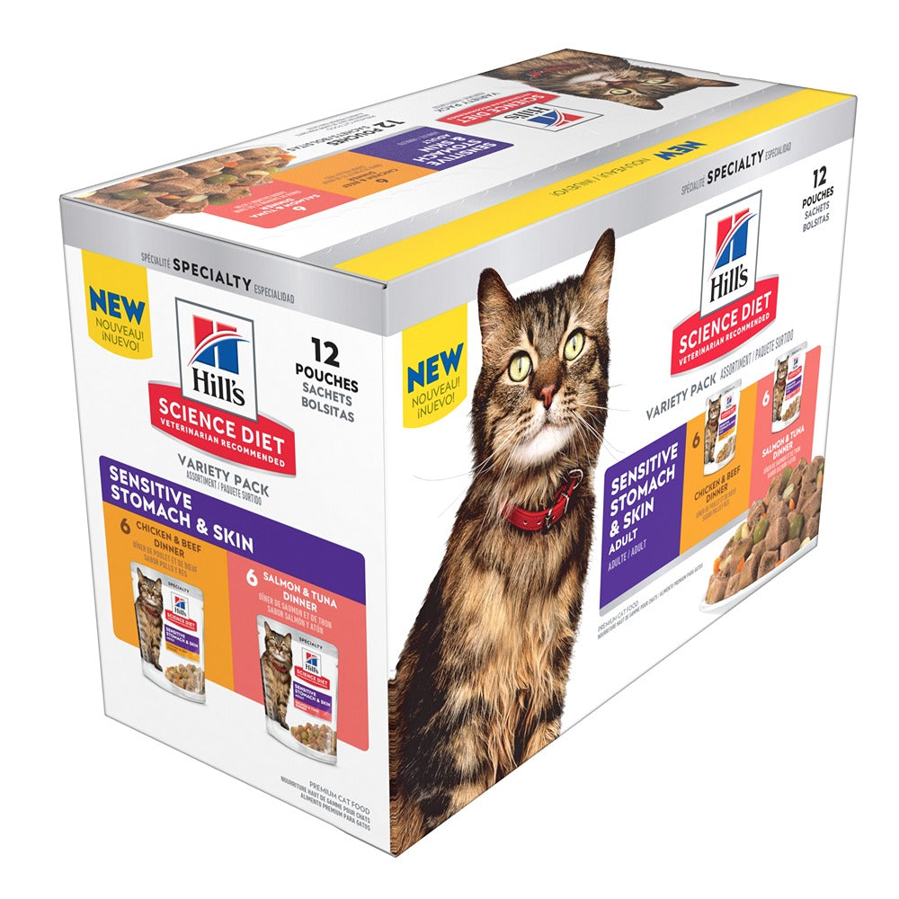 Hill’s Science Diet Adult Sensitive Skin & Stomach Variety Pack Wet Cat Food Pouches 12x80g