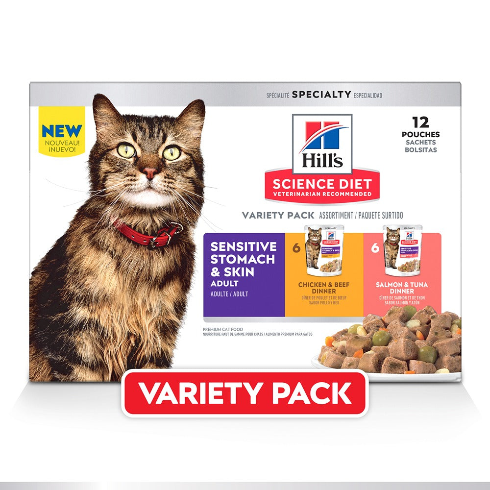 Hill’s Science Diet Adult Sensitive Skin & Stomach Variety Pack Wet Cat Food Pouches 12x80g