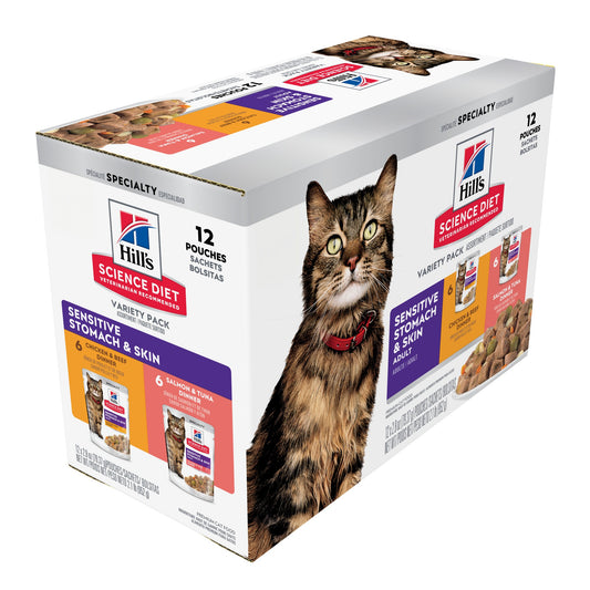 Hill’s Science Diet Adult Sensitive Skin & Stomach Variety Pack Wet Cat Food Pouches 12x80g