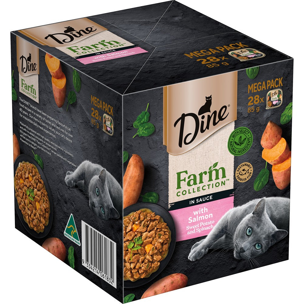 Dine Adult Farm Collection Salmon Sweet Potato & Spinach in Sauce Wet Cat Food Pack 28x85g