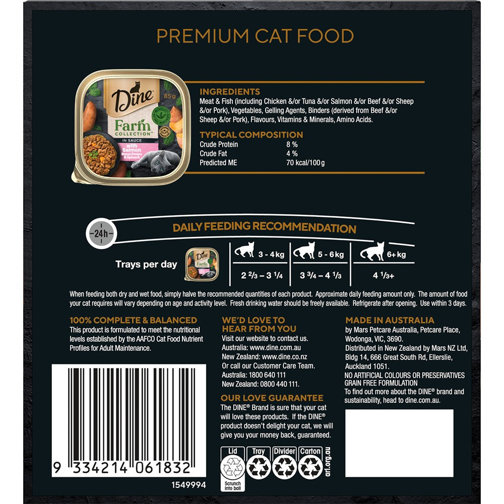 Dine Adult Farm Collection Salmon Sweet Potato & Spinach in Sauce Wet Cat Food Pack 28x85g