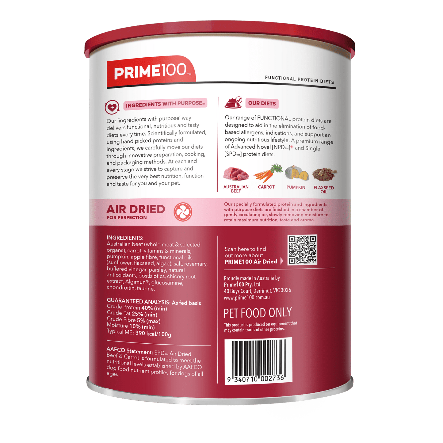 Prime100 SPD Air Dried Beef & Carrot Dry Dog Food