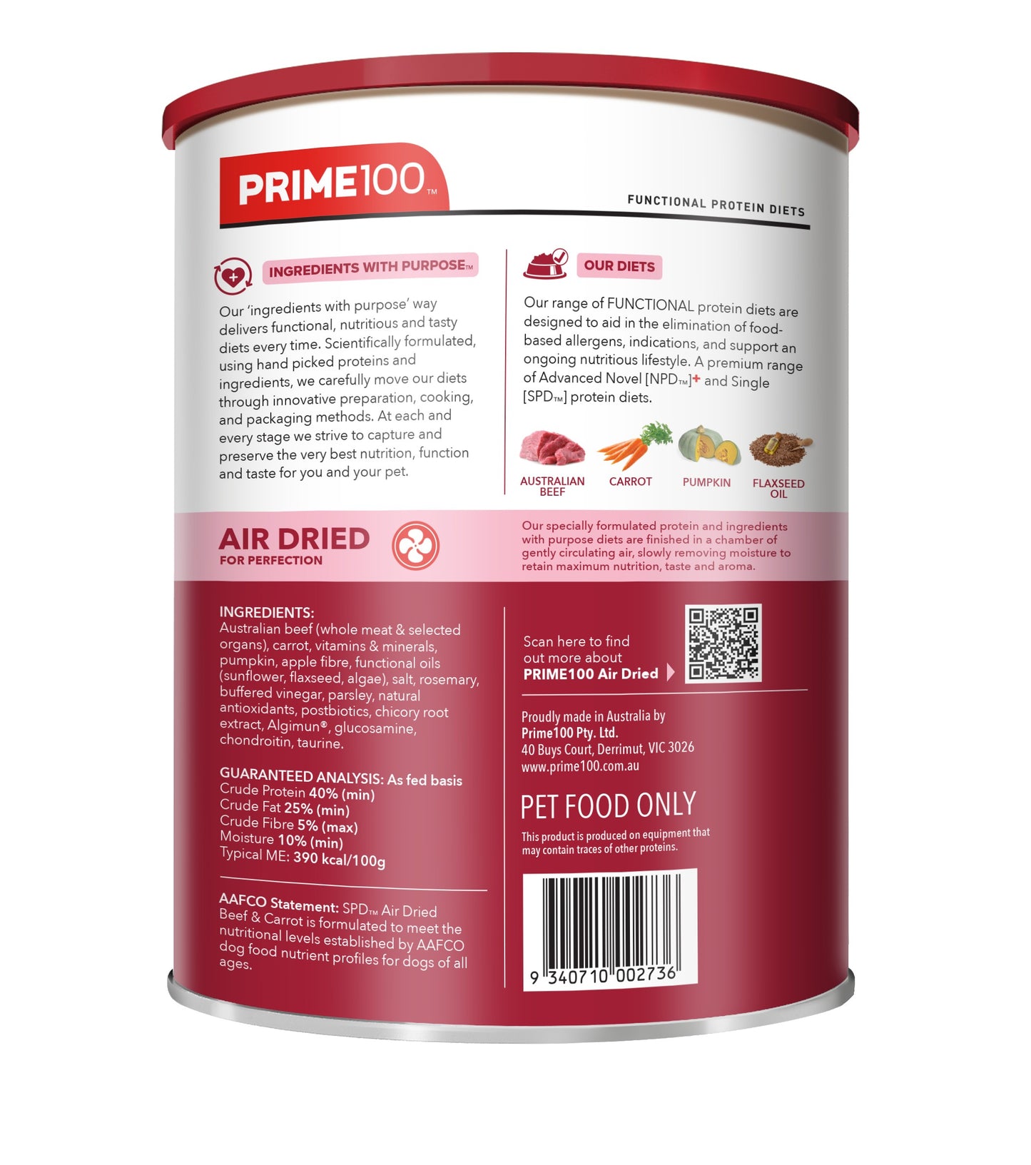 Prime100 SPD Air Dried Beef & Carrot Dry Dog Food