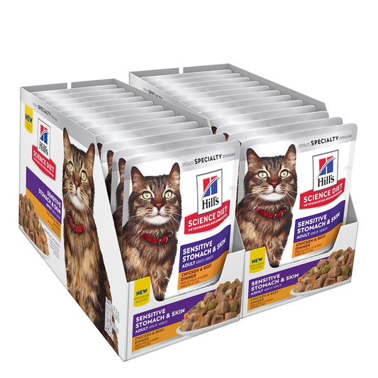 Hill's Science Diet Adult Sensitive Stomach & Skin Chicken & Beef Dinner Wet Cat Food Pouches 24x80g