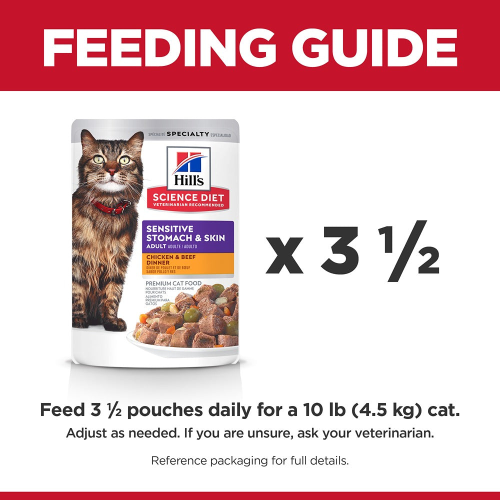 Hill's Science Diet Adult Sensitive Stomach & Skin Chicken & Beef Dinner Wet Cat Food Pouches 24x80g