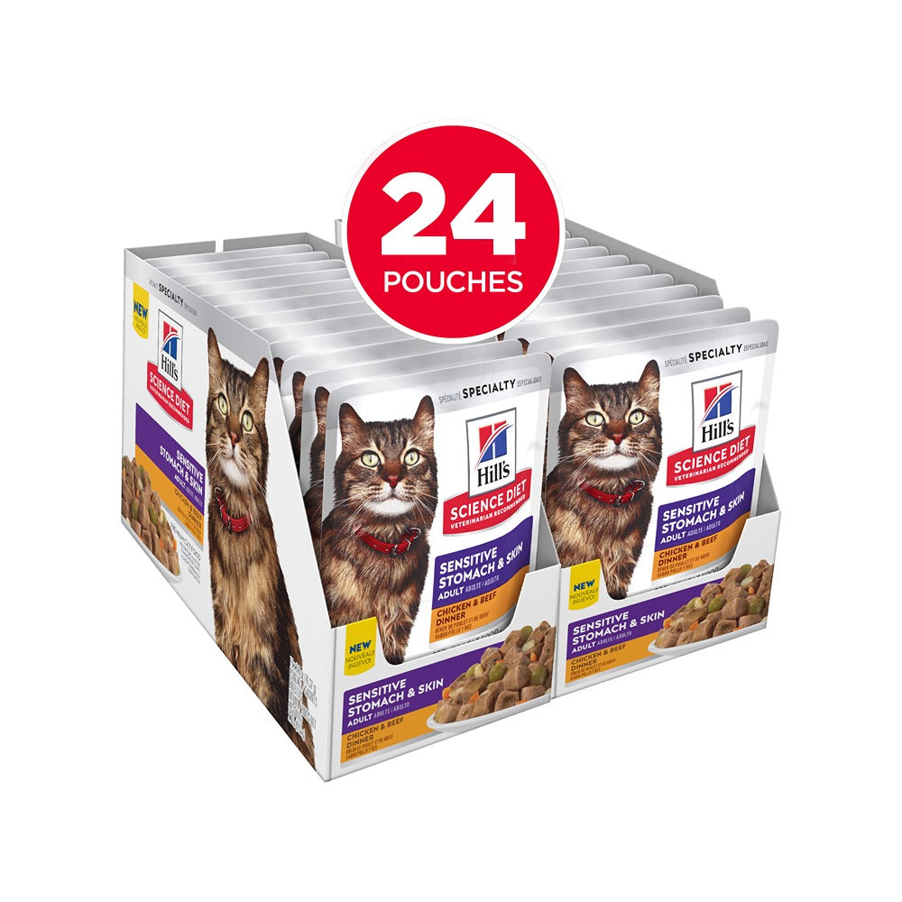 Hill's Science Diet Adult Sensitive Stomach & Skin Chicken & Beef Dinner Wet Cat Food Pouches 24x80g