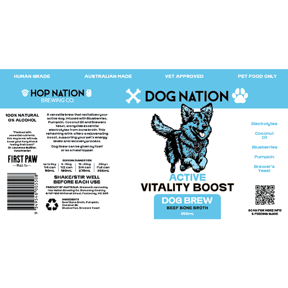 Dog Nation Dog Beer Active Vitality Boost Beef Bone Broth Dog Treats