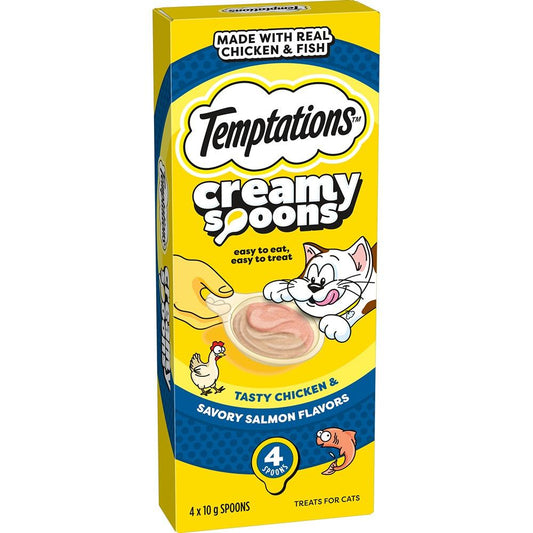 Temptations Creamy Spoons Cat Treat Tasty Chicken  & Savory Salmon 4x10g