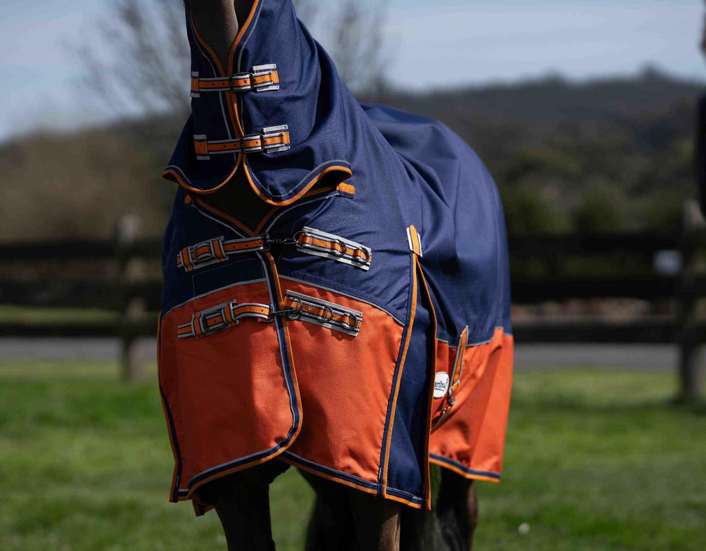 Caribu Eclipse Combo Horse Rainsheet Navy Kumquat