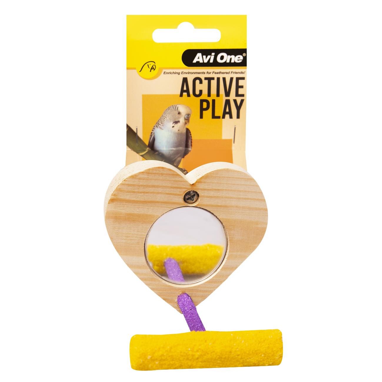 Avi One Bird Toy Wooden Heart Mirror With Sandy Perch