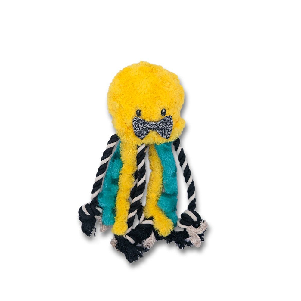 Plush toy resembling a yellow octopus with a bow tie and striped scarf on a white background